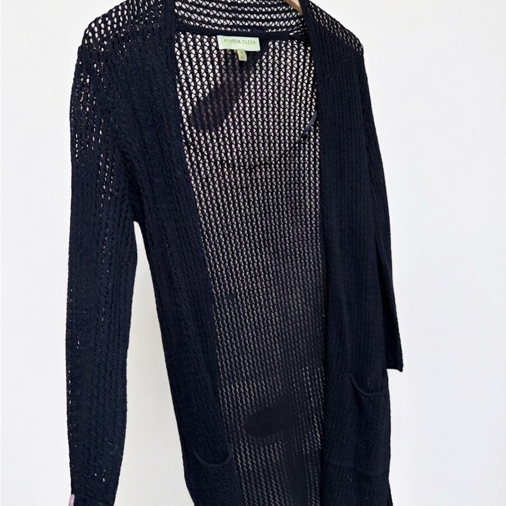 Crochet | Linen Blend Black Open Knit Long Cardigan Sweater